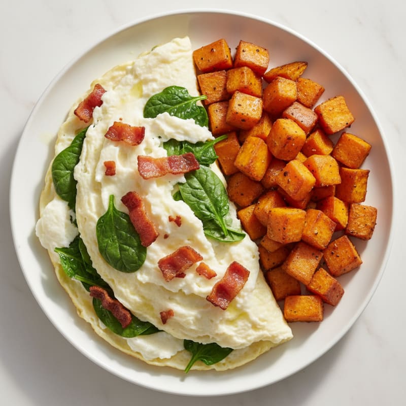 Crispy Turkey Bacon and Spinach Egg White Omelet with Roasted Sweet Potatoes