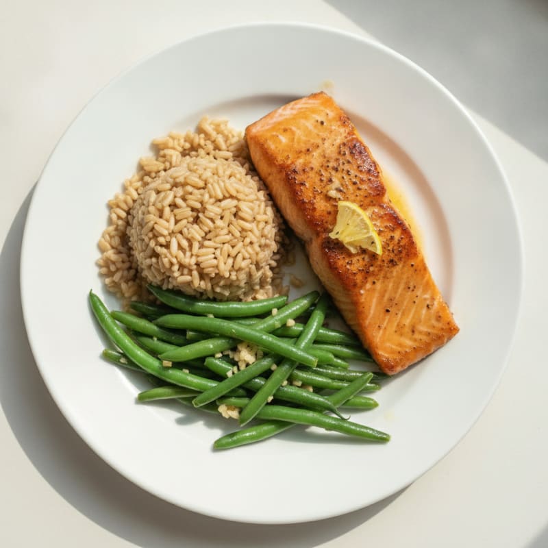 Seared Salmon Fillet with Garlic Green Beans and Brown Rice