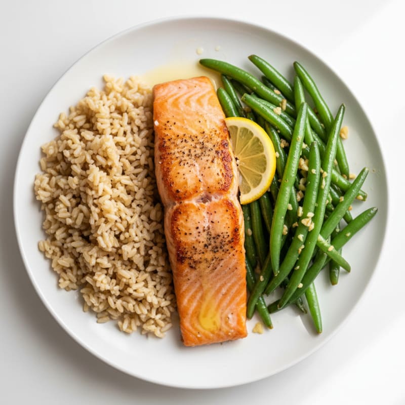 Seared Salmon with Garlic Green Beans and Brown Rice