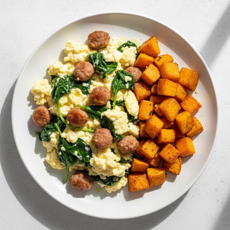 Egg White Spinach Scramble with Turkey Sausage and Roasted Sweet Potatoes