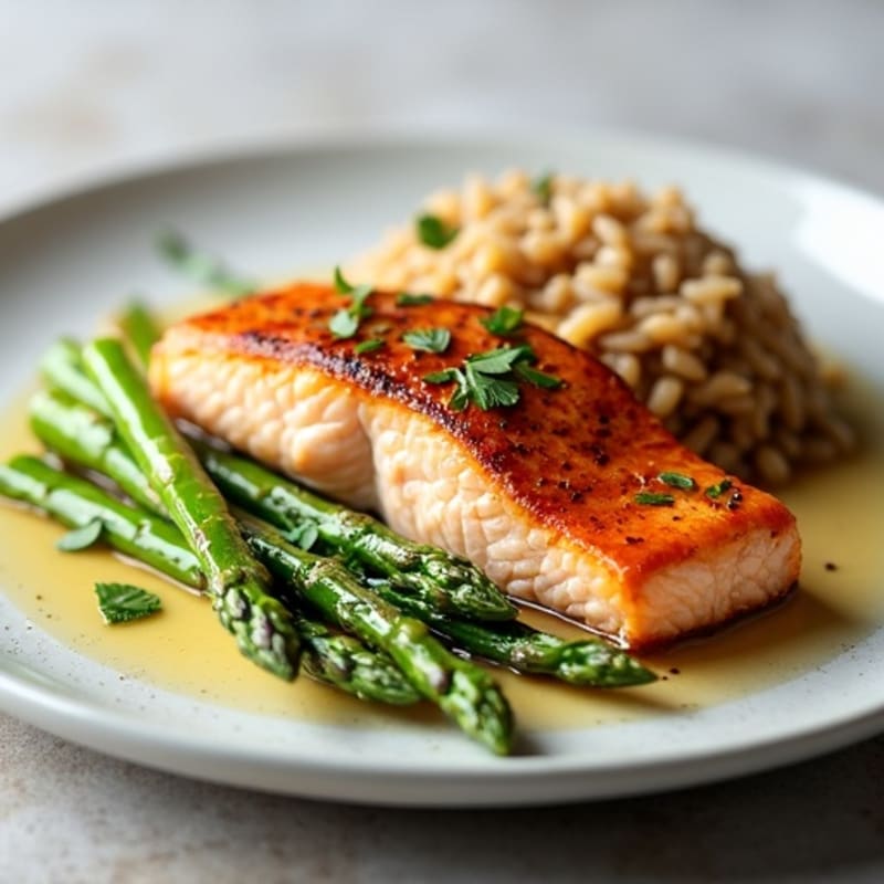 Seared Salmon with Steamed Asparagus and Brown Rice