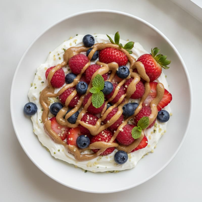 Silky Protein Yogurt Bowl with Mixed Berries and Almond Butter