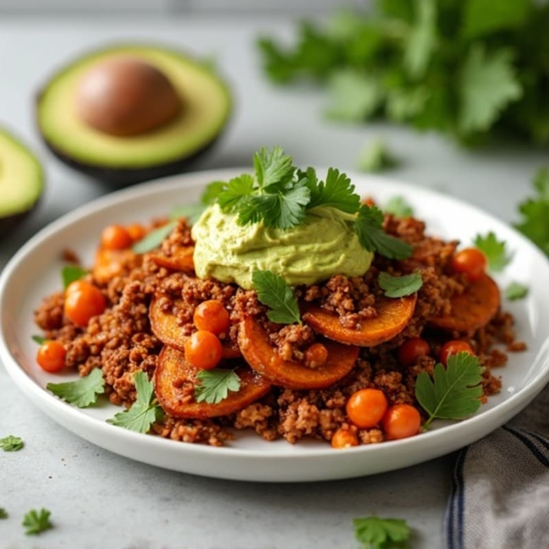 Smoky Pulled Pork with Crispy Sweet Potato Rounds and Fresh Avocado Crema