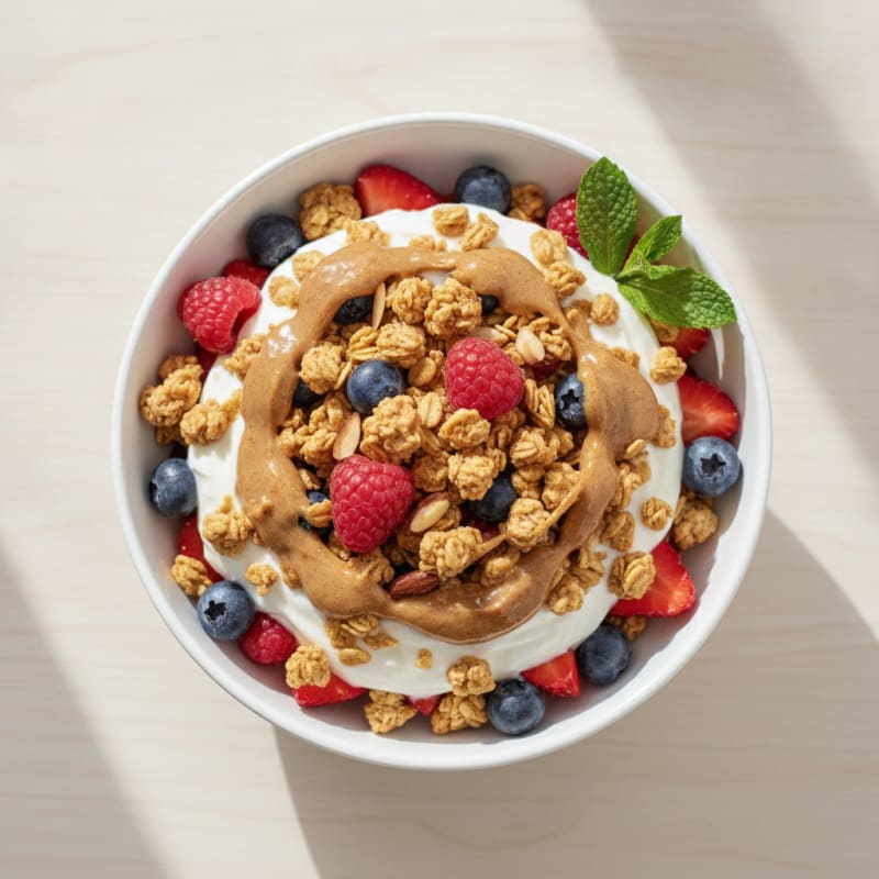 Greek Yogurt Parfait with Mixed Berries, Almond Butter, and Protein Granola