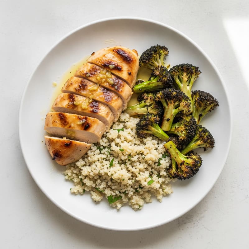 Grilled Lemon-Garlic Chicken Breast with Quinoa and Roasted Broccoli