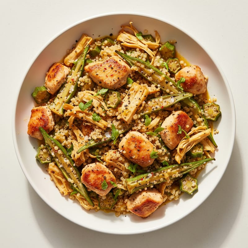 Zesty Roasted Okra and Jackfruit Quinoa