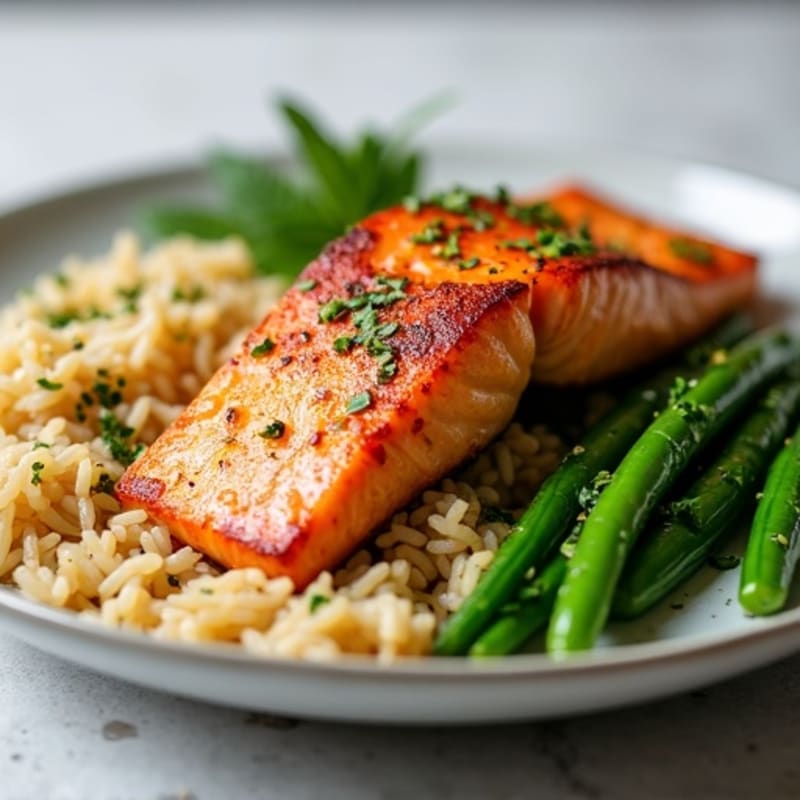 Seared Salmon with Garlic Green Beans and Brown Rice