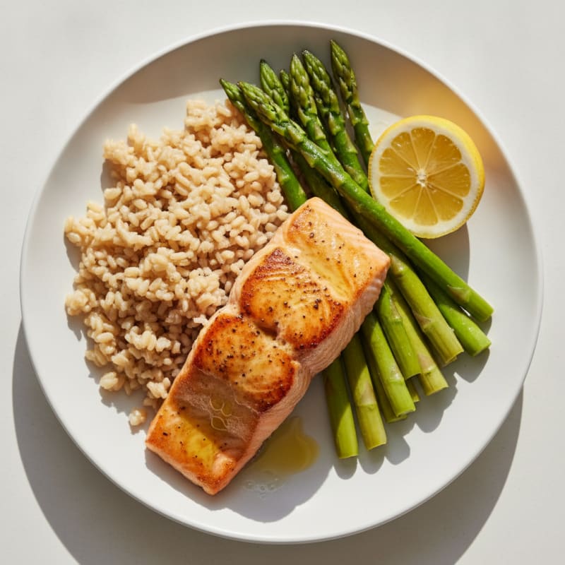 Seared Salmon with Steamed Asparagus and Brown Rice