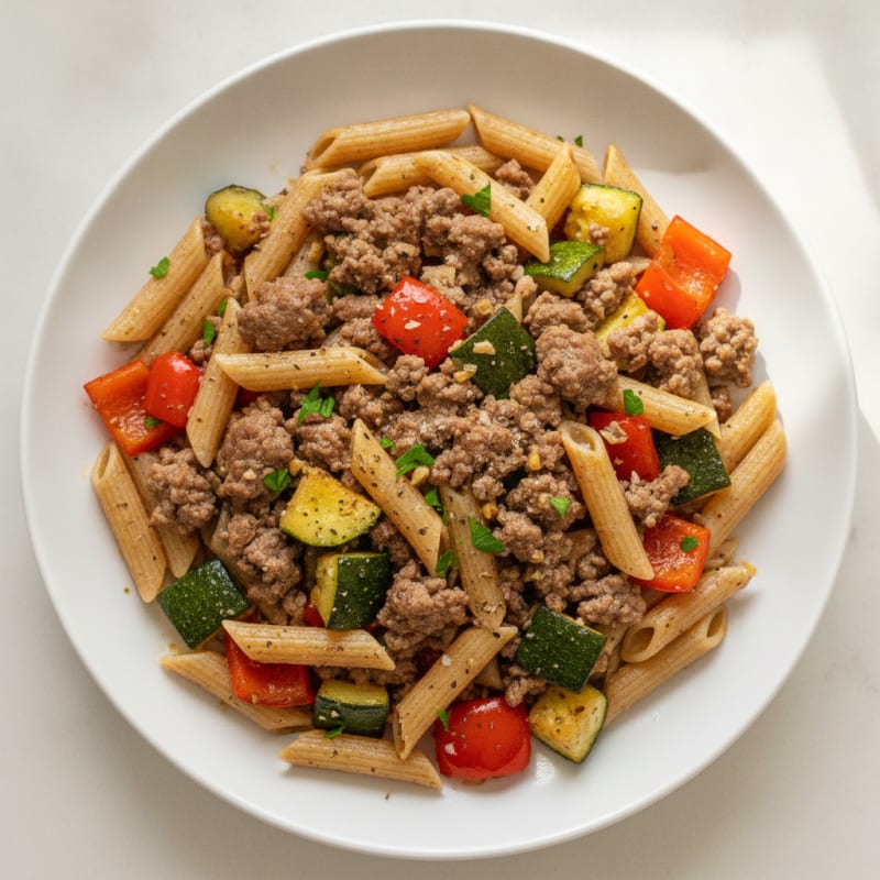Garlic Beef Pasta with Roasted Vegetables