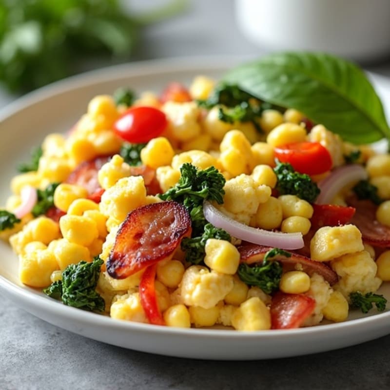 Egg White Veggie Scramble with Cottage Cheese and Turkey Bacon