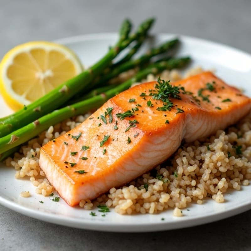 Seared Salmon Fillet with Steamed Asparagus and Brown Rice
