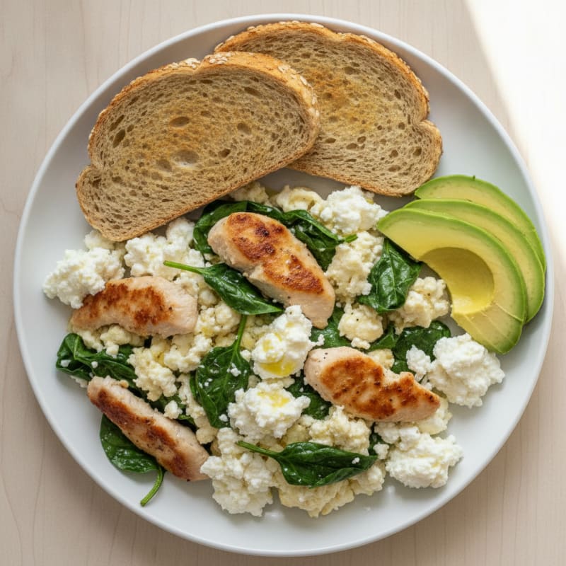 Chicken and Spinach Egg White Scramble with Cottage Cheese