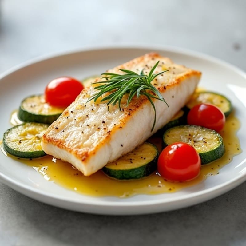 Seared White Fish with Roasted Zucchini and Cherry Tomatoes