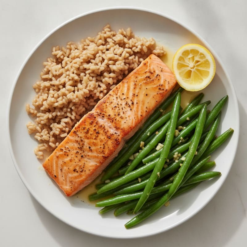 Seared Salmon with Garlic Green Beans and Brown Rice