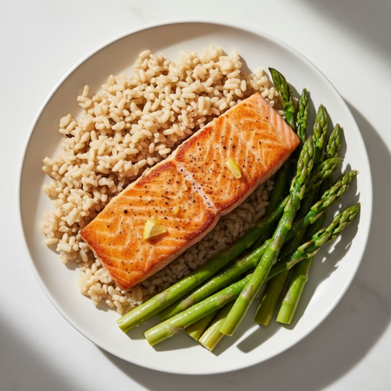 Seared Salmon with Steamed Asparagus and Brown Rice
