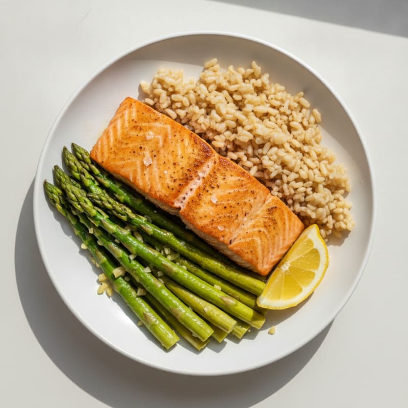 Seared Salmon with Steamed Asparagus and Brown Rice