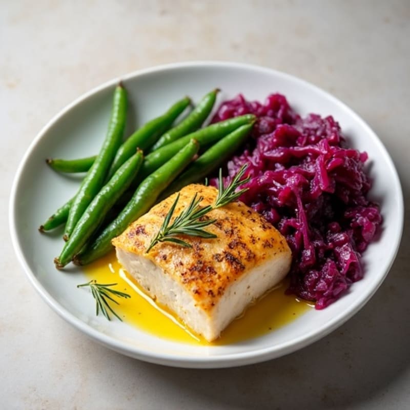 Lemon Herb Chicken with Roasted Fine Beans and Sautéed Red Cabbage