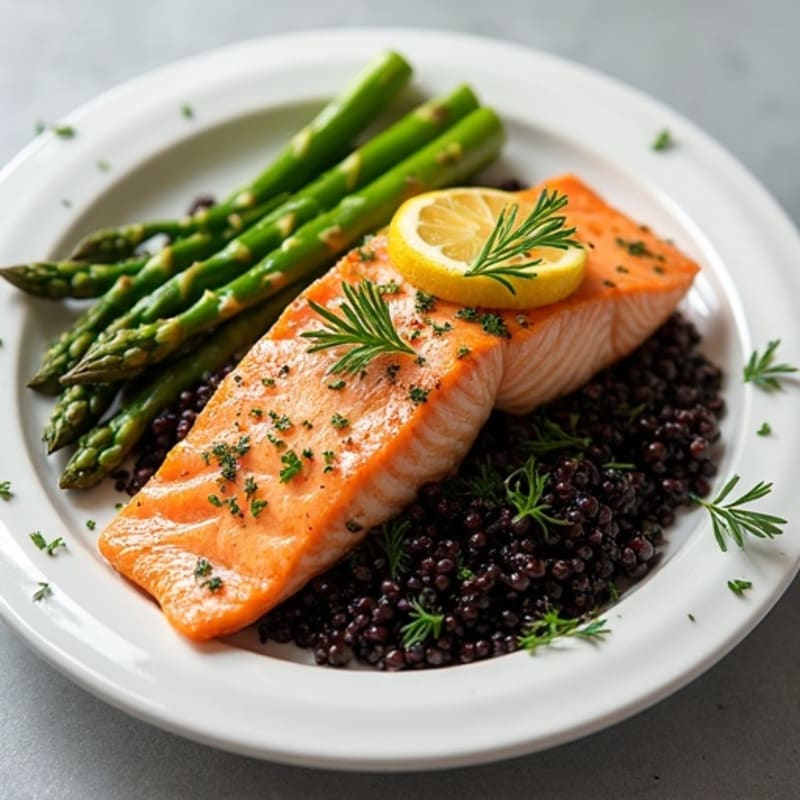 Lemon-Herb Roasted Salmon with Crispy Asparagus and Black Rice