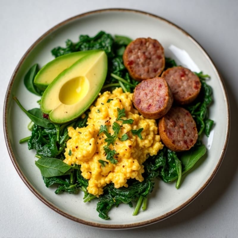 Egg White and Turkey Sausage Scramble with Sautéed Spinach