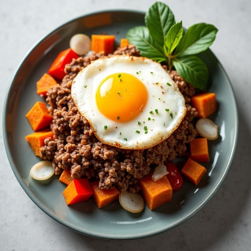 Savory Ground Beef and Sweet Potato Hash with Fried Eggs