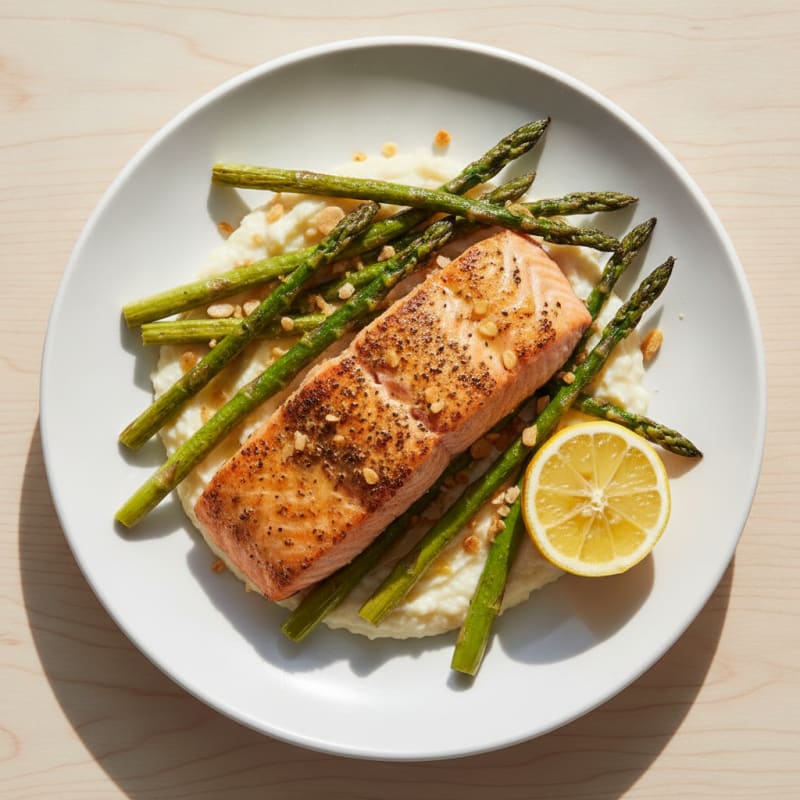 Seared Salmon Fillet with Roasted Asparagus and Cauliflower Mash