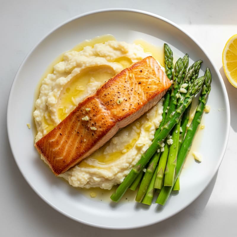 Seared Salmon with Steamed Asparagus and Cauliflower Mash