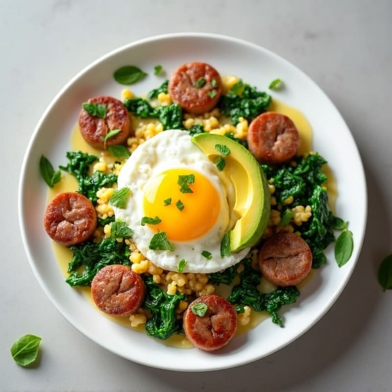 Cottage Cheese and Egg Scramble with Sautéed Spinach and Turkey Sausage