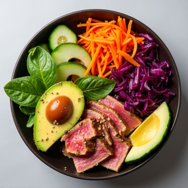 Sesame-Ginger Marinated Tuna Bowl with Fresh Avocado and Crisp Vegetables