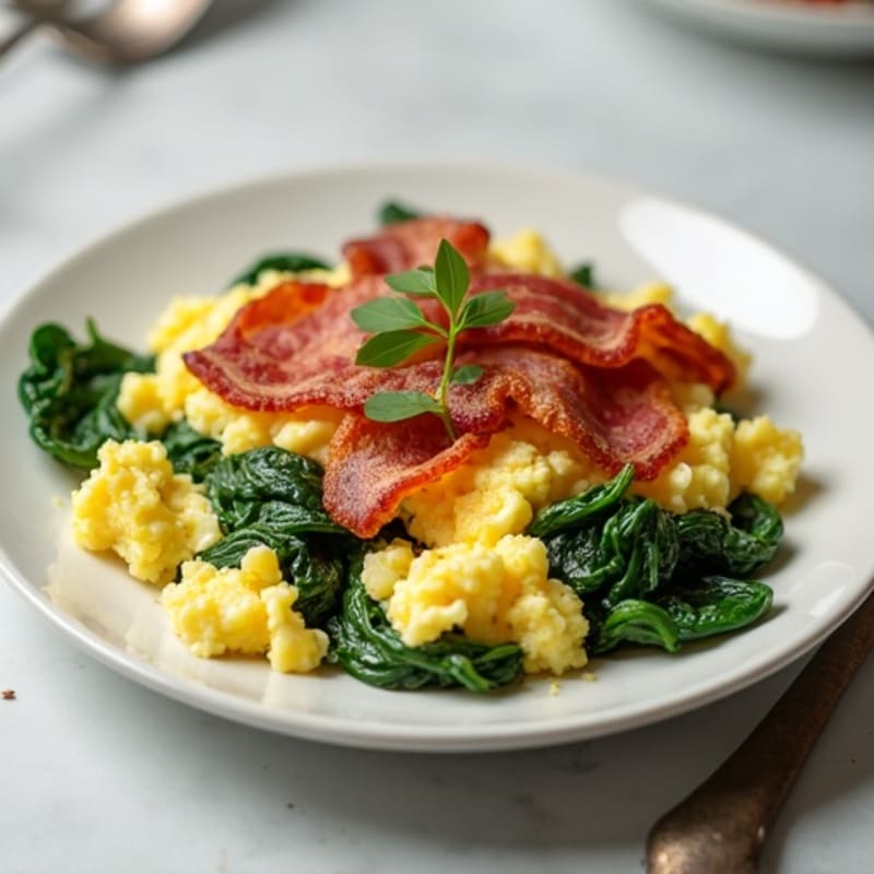 Cottage Cheese Scramble with Turkey Bacon and Sautéed Spinach