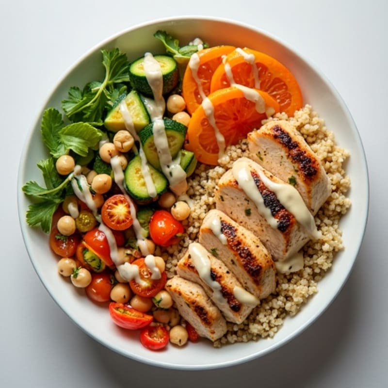 Quinoa Power Bowl with Herb-Roasted Vegetables and Creamy Tahini Dressing