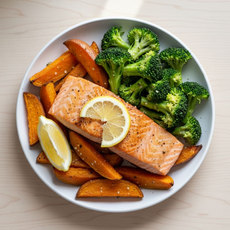 Pan-Seared Salmon with Roasted Sweet Potato and Steamed Broccoli