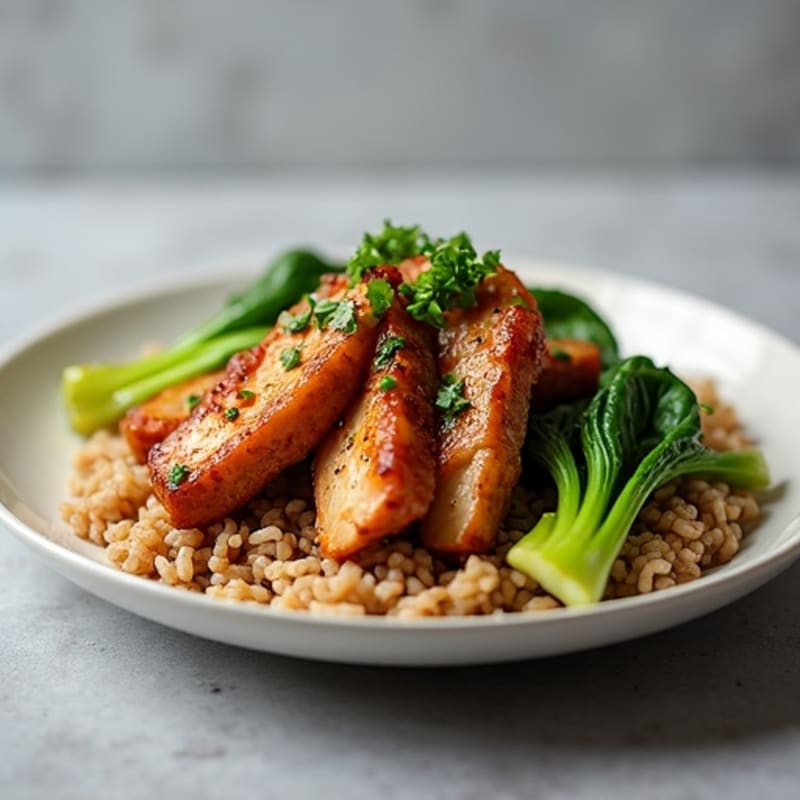 Crispy Garlic-Ginger Braised Pork with Asian Greens