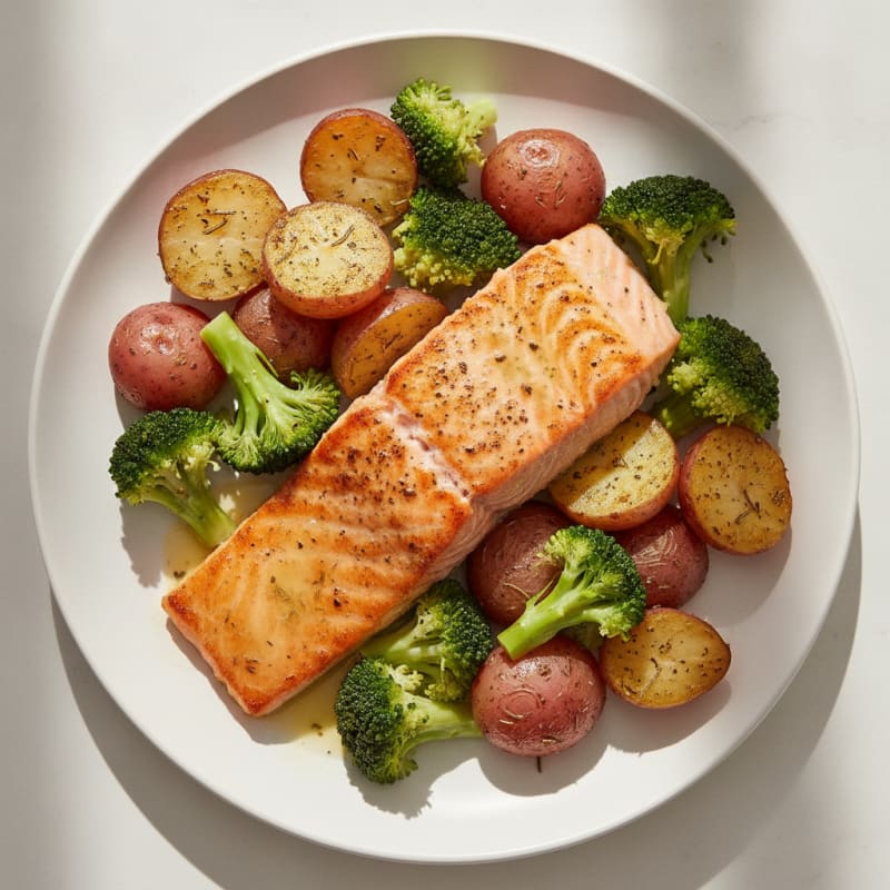 Seared Salmon Fillet with Steamed Broccoli and Herb-Roasted Potatoes