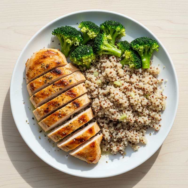 Grilled Chicken Breast with Steamed Broccoli and Quinoa