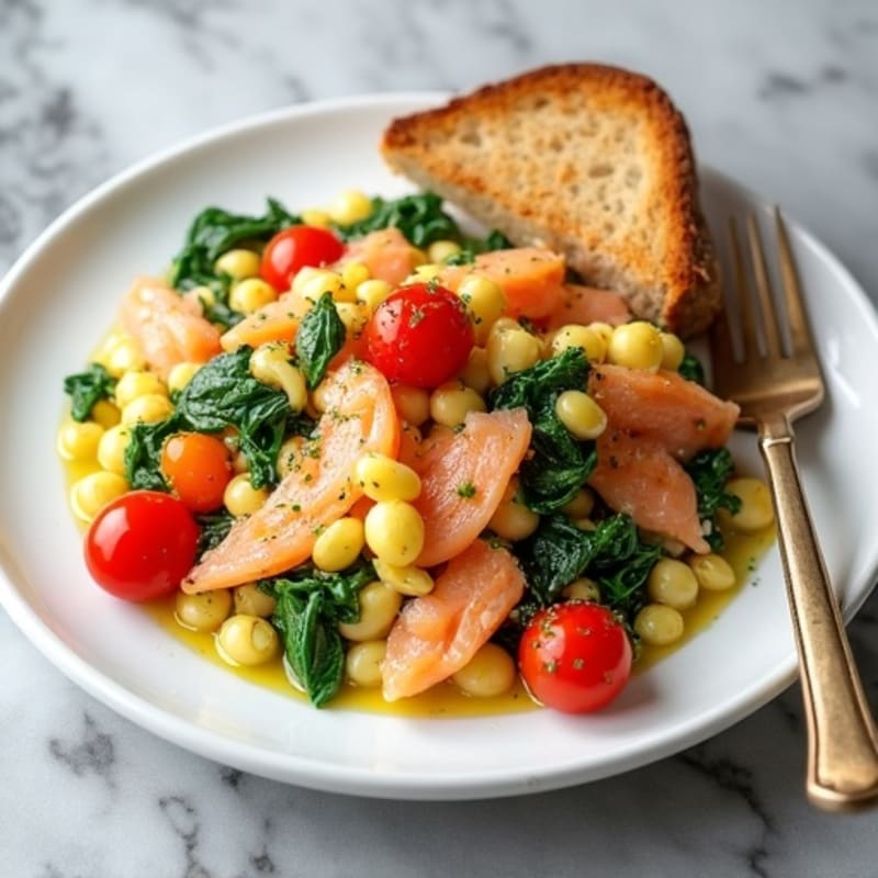 Smoked Salmon Egg White Scramble with Spinach and Cherry Tomatoes
