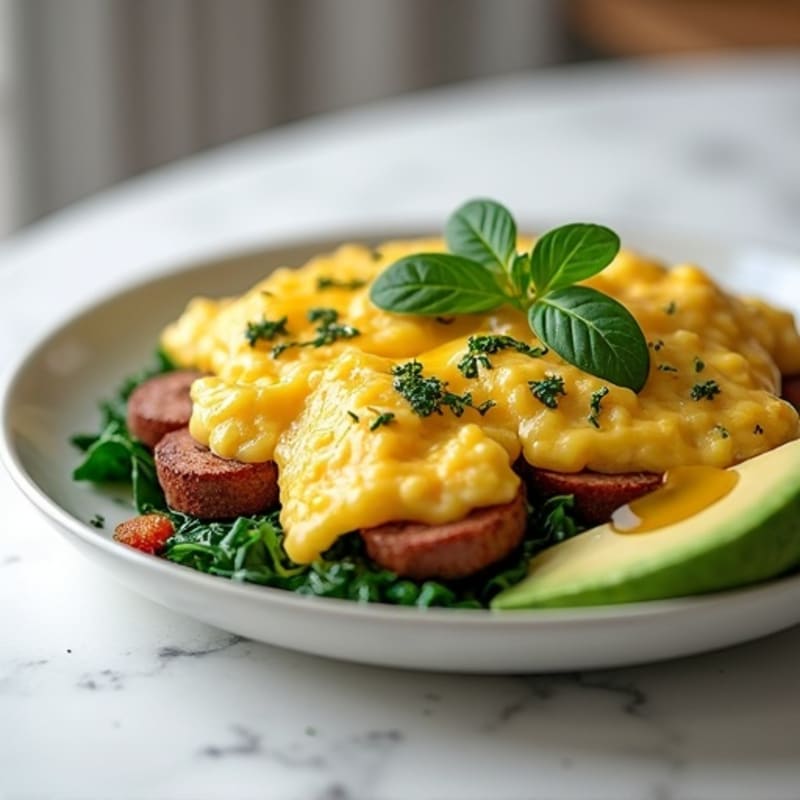 Egg White and Turkey Sausage Scramble with Sautéed Spinach & Avocado