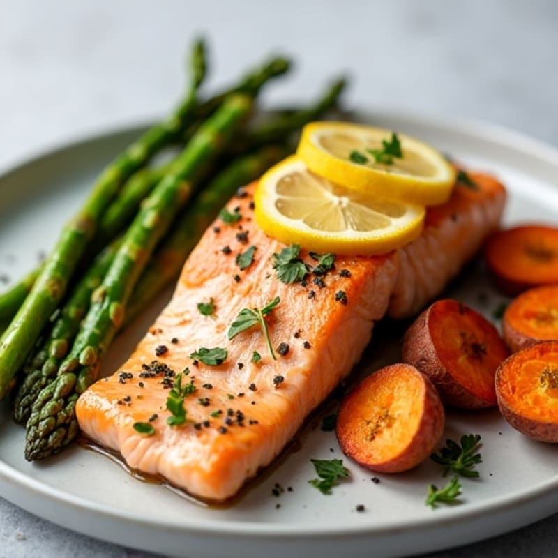 Sheet Pan Lemon Herb Salmon with Crispy Roasted Asparagus and Sweet Potatoes