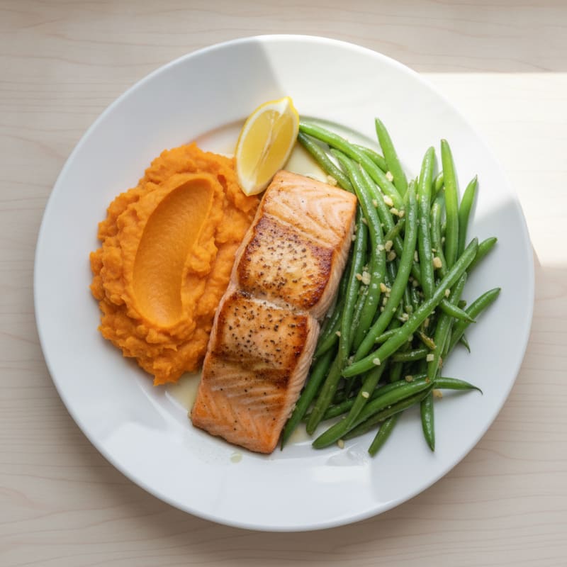 Seared Salmon Fillet with Garlic Green Beans and Mashed Sweet Potato