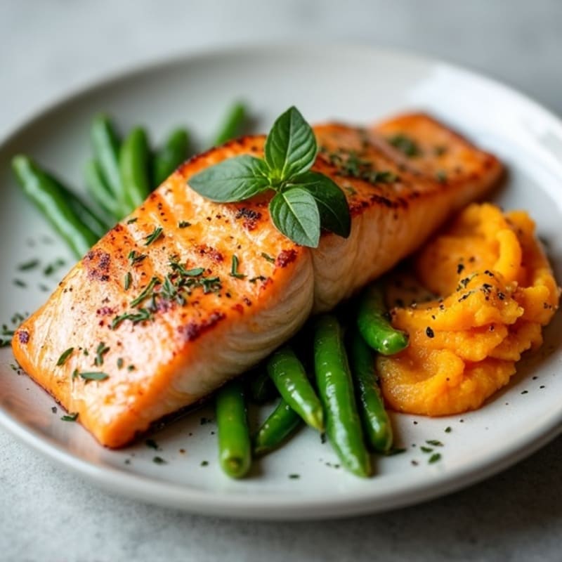 Seared Salmon with Garlic Green Beans and Sweet Potato Mash