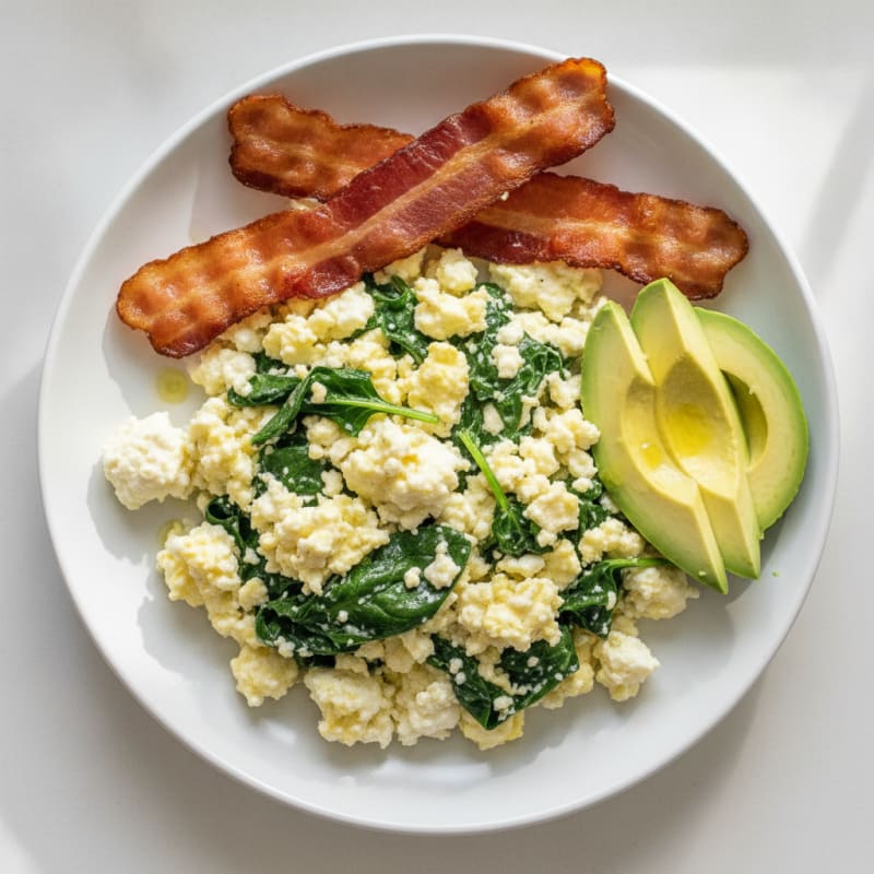 Cottage Cheese Scramble with Spinach and Turkey Bacon