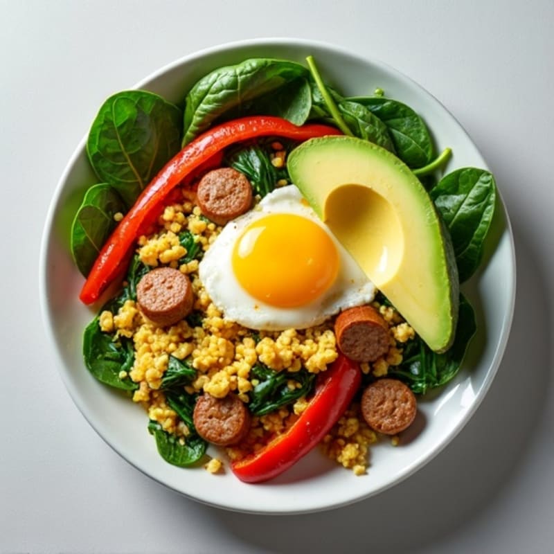 Egg White and Turkey Sausage Scramble with Spinach and Bell Peppers