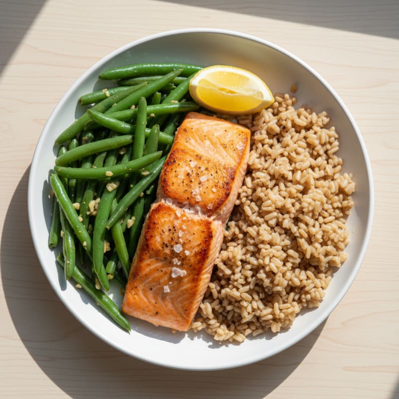 Seared Salmon with Garlic Green Beans and Brown Rice