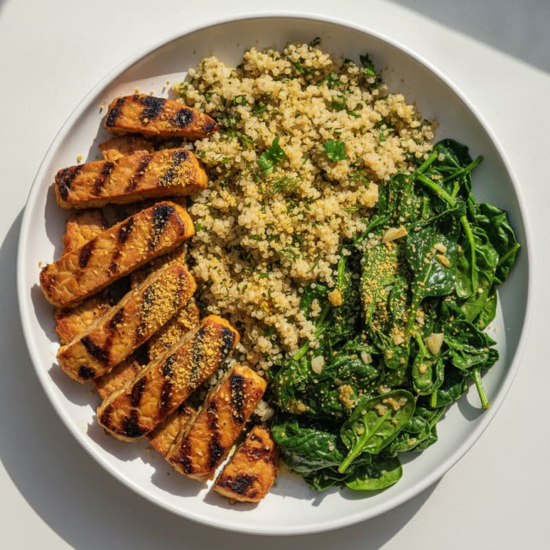 Grilled Tempeh with Herb-Quinoa and Garlicky Spinach