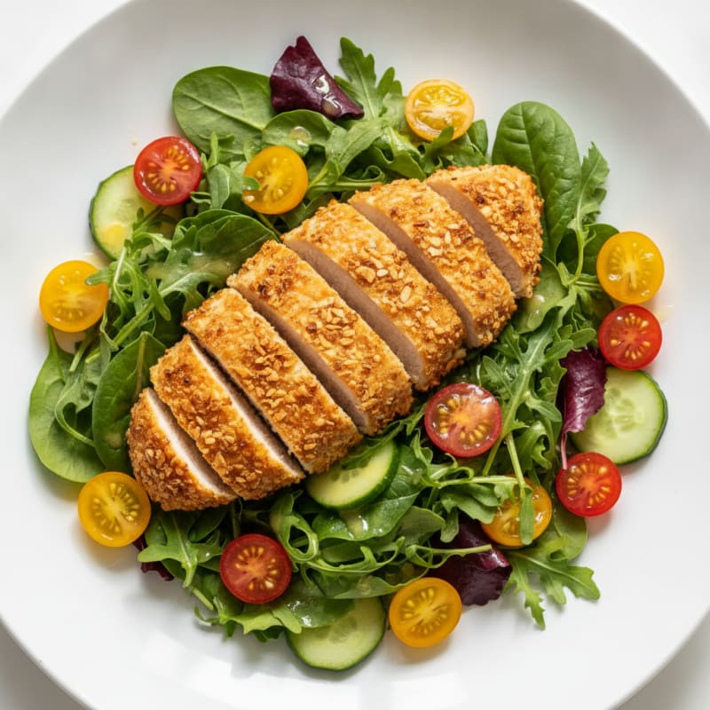 Crispy Chicken Breast Salad with Mixed Greens and Cherry Tomatoes