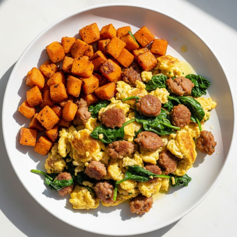 Crispy Turkey Sausage and Spinach Egg Scramble with Sweet Potato Hash