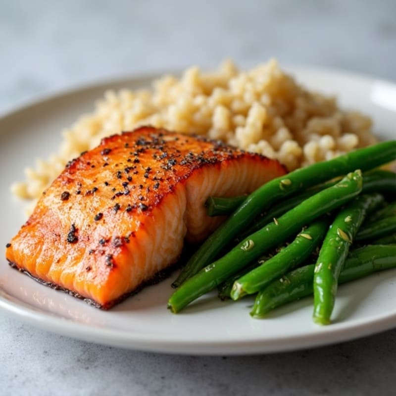 Seared Salmon with Garlic Green Beans and Brown Rice