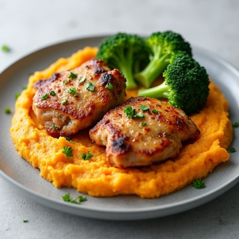 Seared Chicken Thighs with Garlic Broccoli and Mashed Sweet Potatoes