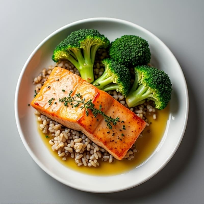 Herb-Roasted Salmon with Steamed Broccoli and Brown Rice