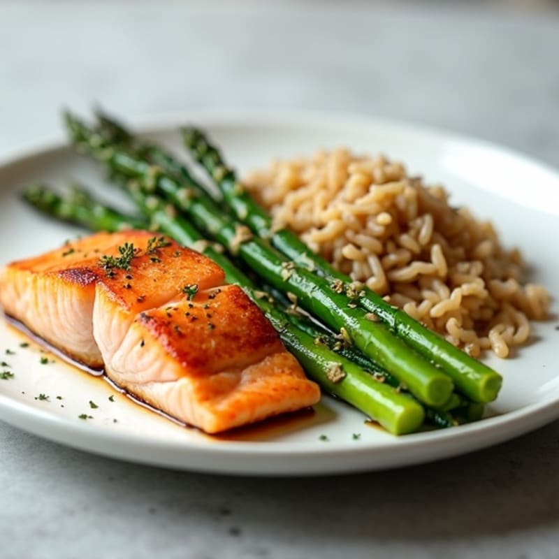Seared Salmon with Steamed Asparagus and Brown Rice