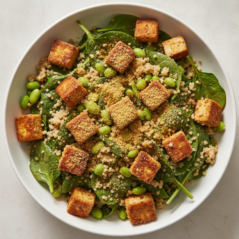 Crispy Tofu and Quinoa Power Salad with Edamame